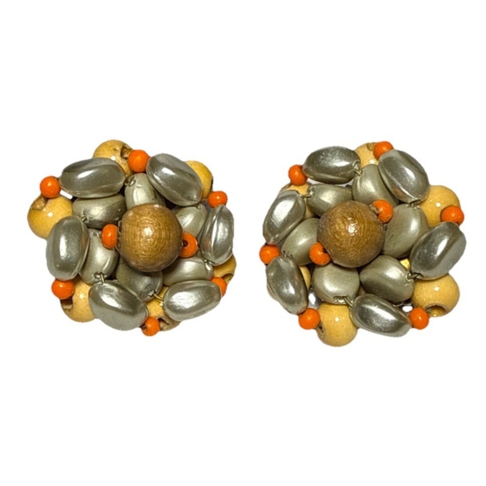 Vintage Multicolor Beaded Cluster Clip On Earrings J18-24